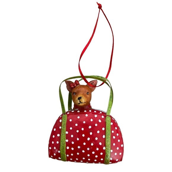 Chihuahua in Red and White Polka Dot Handbag Dog Ornament Not Perfect - Picture 1 of 5